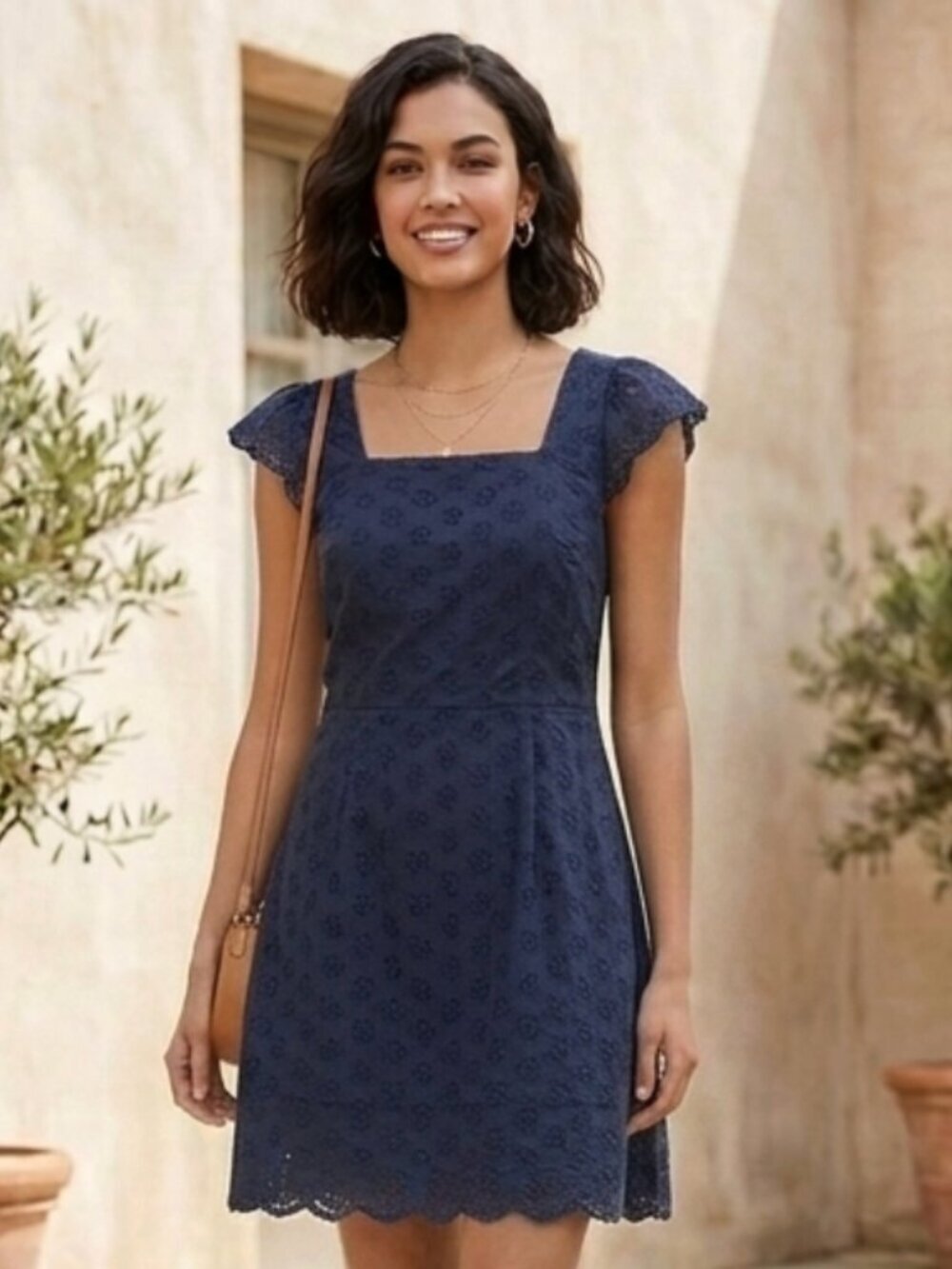 LOFT Ann Taylor Navy Eyelet Cap Sleeve Square Neck Dressn Size 4P Petite in exce